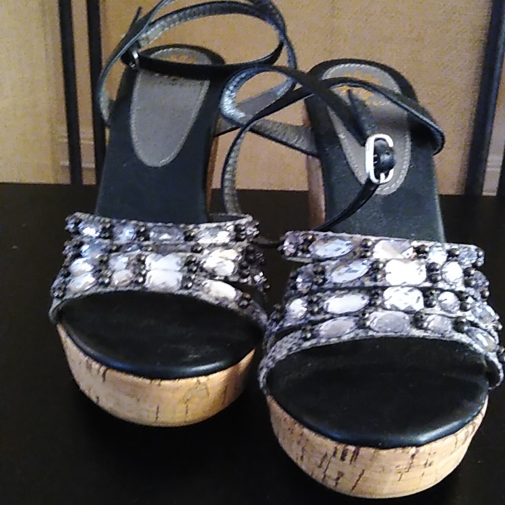 Platform Sandals size 6 1/2 , cork bottom, Jeweled encrusted with Snakeskin look
